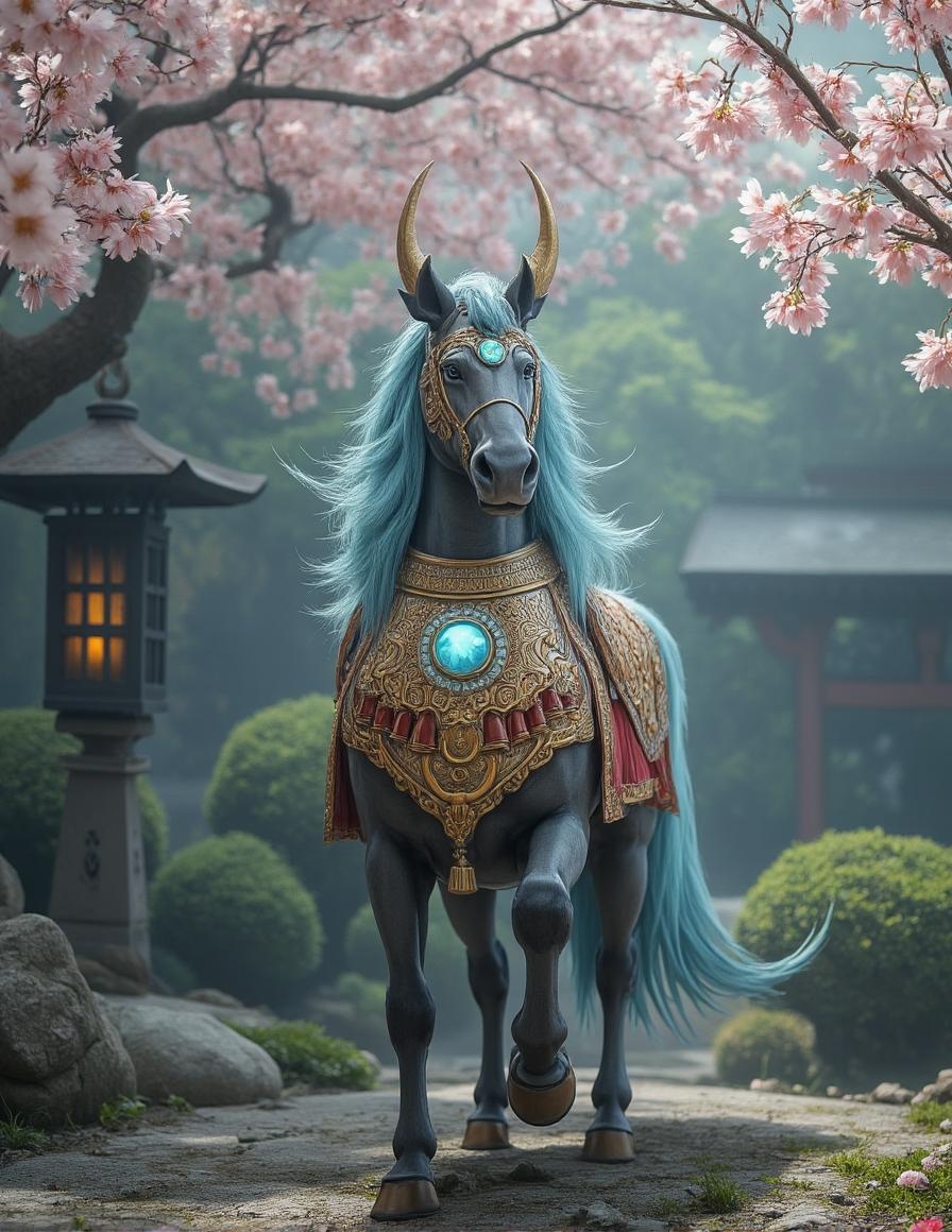 <lora:crumpjournalsketch-000011.safetensors:1>
In the heart of an ancient Japanese garden, a unique and captivating figure stands under the graceful sway of cherry blossoms. The centaur, a harmonious blend of human and equine, is adorned in exquisite armor that glimmers with a blend of gold and red, reminiscent of the samurai's regalia. A teal gem, luminous and set in intricate gold filigree, adorns the centaur's chest, radiating a gentle, ethereal light that casts a soothing glow on the surrounding flora.
The centaur’s flowing blue hair, reminiscent of the serene waters of a mountain stream, cascades down its back, blending seamlessly with the natural beauty of the garden. The depth of field keeps the centaur in sharp focus, while the misty backdrop of the garden softly blurs the delicate petals and lush greenery, creating a dreamlike atmosphere.
Behind the centaur, a traditional Japanese stone lantern stands guard, its soft light adding an element of mystery and tranquility. The sound of a nearby koi pond can be heard, the gentle splashing of water complementing the scene's peaceful elegance. The garden, with its carefully pruned bonsai trees and winding stone paths, provides a serene and contemplative setting, enhancing the centaur’s noble and mystical presence.