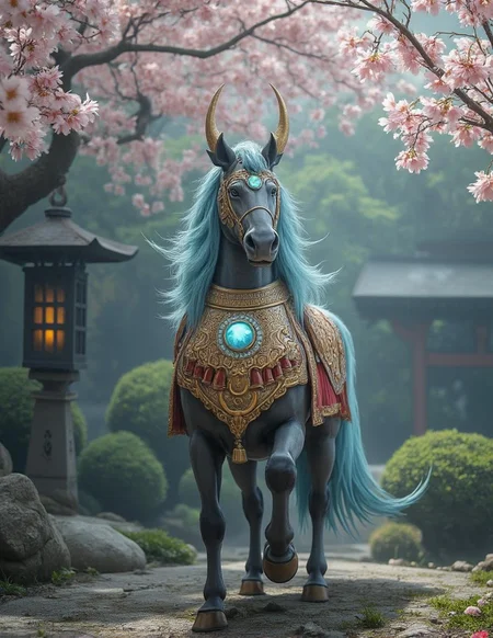 <lora:crumpjournalsketch-000011.safetensors:1>
In the heart of an ancient Japanese garden, a unique and captivating figure stands under the graceful sway of cherry blossoms. The centaur, a harmonious blend of human and equine, is adorned in exquisite armor that glimmers with a blend of gold and red, reminiscent of the samurai's regalia. A teal gem, luminous and set in intricate gold filigree, adorns the centaur's chest, radiating a gentle, ethereal light that casts a soothing glow on the surrounding flora.
The centaur’s flowing blue hair, reminiscent of the serene waters of a mountain stream, cascades down its back, blending seamlessly with the natural beauty of the garden. The depth of field keeps the centaur in sharp focus, while the misty backdrop of the garden softly blurs the delicate petals and lush greenery, creating a dreamlike atmosphere.
Behind the centaur, a traditional Japanese stone lantern stands guard, its soft light adding an element of mystery and tranquility. The sound of a nearby koi pond can be heard, the gentle splashing of water complementing the scene's peaceful elegance. The garden, with its carefully pruned bonsai trees and winding stone paths, provides a serene and contemplative setting, enhancing the centaur’s noble and mystical presence.