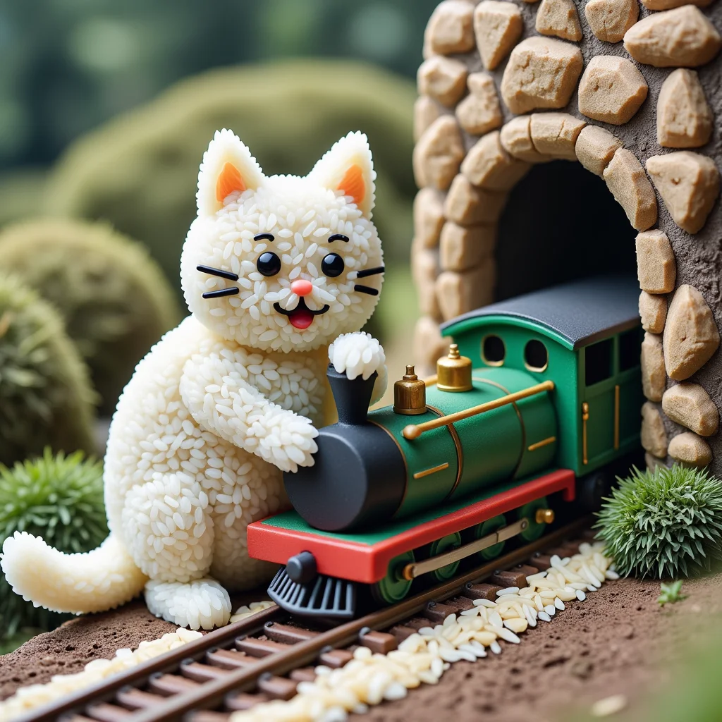 A noc-styr playful cat interacts with a miniature train set in a realistic scene. The tiny train track winds through a detailed landscape, including a small, dark tunnel carved into a rocky mountain. <lora:noc-styr:1>