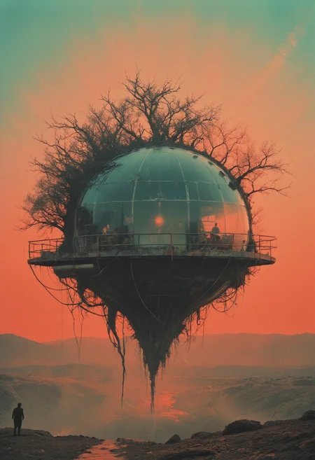 Monochrome with color, retro scan of 80s-anime-ai spectral neon Gradient ascii_art, a 80s Sci-fi Ethereal. Dark space, 80`s sci-fi book artwork, lofi, neon-pastel colors, grainy, vintage
A Zelda-inspired towering living sphere amidst a dystopian desert, modern transparent hobbit house floating island, amazing quality, masterpiece, best quality, hyper-detailed, ultra-detailed, UHD, dof, hyper-realism, majestic, awesome, inspiring: an immense floating island adorned with translucent, weathered glass structures resembling parched foliage, its vines cascading down to the cracked, arid ground below. Rising majestically from the desolate, dusty beige wasteland that envelops an abandoned translucent gray round plastic mansion adorned with a large Observation Installation glowing faint red from within. A translucent dystopian prison structure transcending into the dry, crimson sky. In front of a muted gray and beige barren horizon, with a bleak red sun casting harsh shadows. Cinematic composition, soft shadows, national geographic style, dusty atmosphere, cinematic lighting, volumetric lighting with swirling sand, film grain, cinematic film still, shallow depth of field, highly detailed.