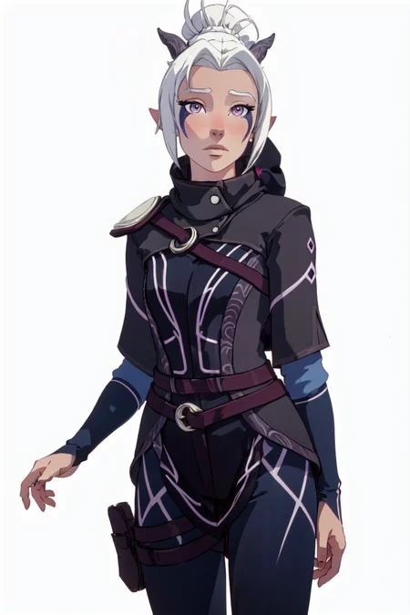 Rayla, horns, purple eyes, (solid white background, plain background:1.5), (realistic:1.2), (masterpiece:1.2), (full-body-shot:1.2),(Cowboy-shot:1.2), dark romantic lighting, (highly detailed:1.2), (detailed face:1.2), (gradients), colorful, detailed eyes, (natural lighting:1.2), solo, <lora:add_detail:0.3> <lora:DragonPrince_RaylaS4-10:0.8> <lora:BeautifulEyes:0.3>