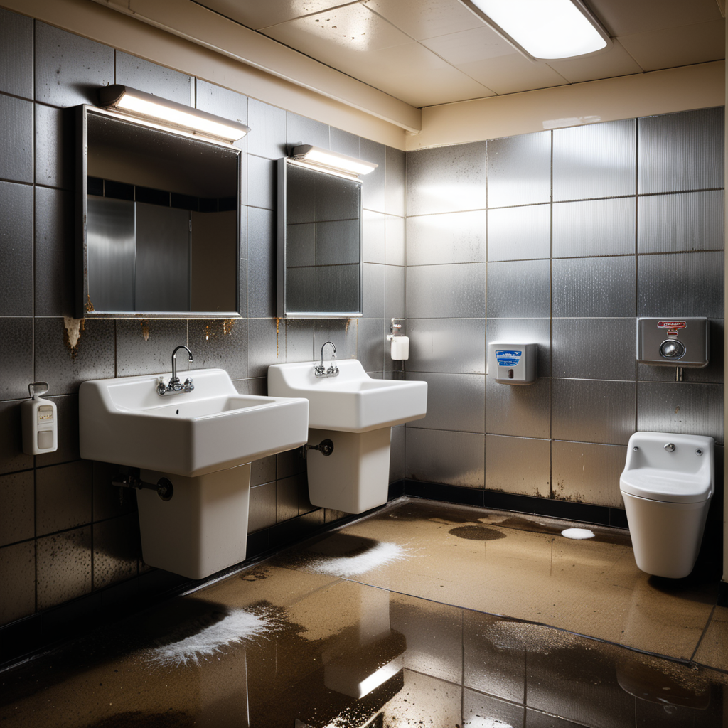 The interior of a public restroom with a utilitarian and slightly neglected design. The walls are covered in plain, slightly stained white tiles, some of which are cracked or chipped. The floor consists of large, dull gray tiles with faint scuff marks and small puddles of water near the sinks. On one side of the room, a row of metal bathroom stalls with scratched doors and faded paint lines the wall. On the opposite wall, a series of wall-mounted urinals made of white ceramic are spaced evenly, each with a metallic flush handle above. Some urinals have faint stains and water streaks, with one having a small puddle beneath it. A row of sinks with old, slightly rusted faucets sits beneath a large, streaked mirror that has smudges and water spots. Above, fluorescent tube lights buzz faintly, casting a cold, sterile glow over the space. A faint smell of cleaning chemicals lingers in the air, mixed with the dampness of the room. A hand dryer is mounted on the wall near the entrance, and a trash bin overflowing with crumpled paper towels stands nearby. The atmosphere feels functional but slightly neglected, emphasizing its everyday use.
<lora:SDXLFaeTastic2400:0.4> <lora:extremely_detailed:0.4> extremely detailed, Masterpiece,best quality,hi res,8k,hi res,8k,award winning,(sharp focus, intricate, highly detailed),