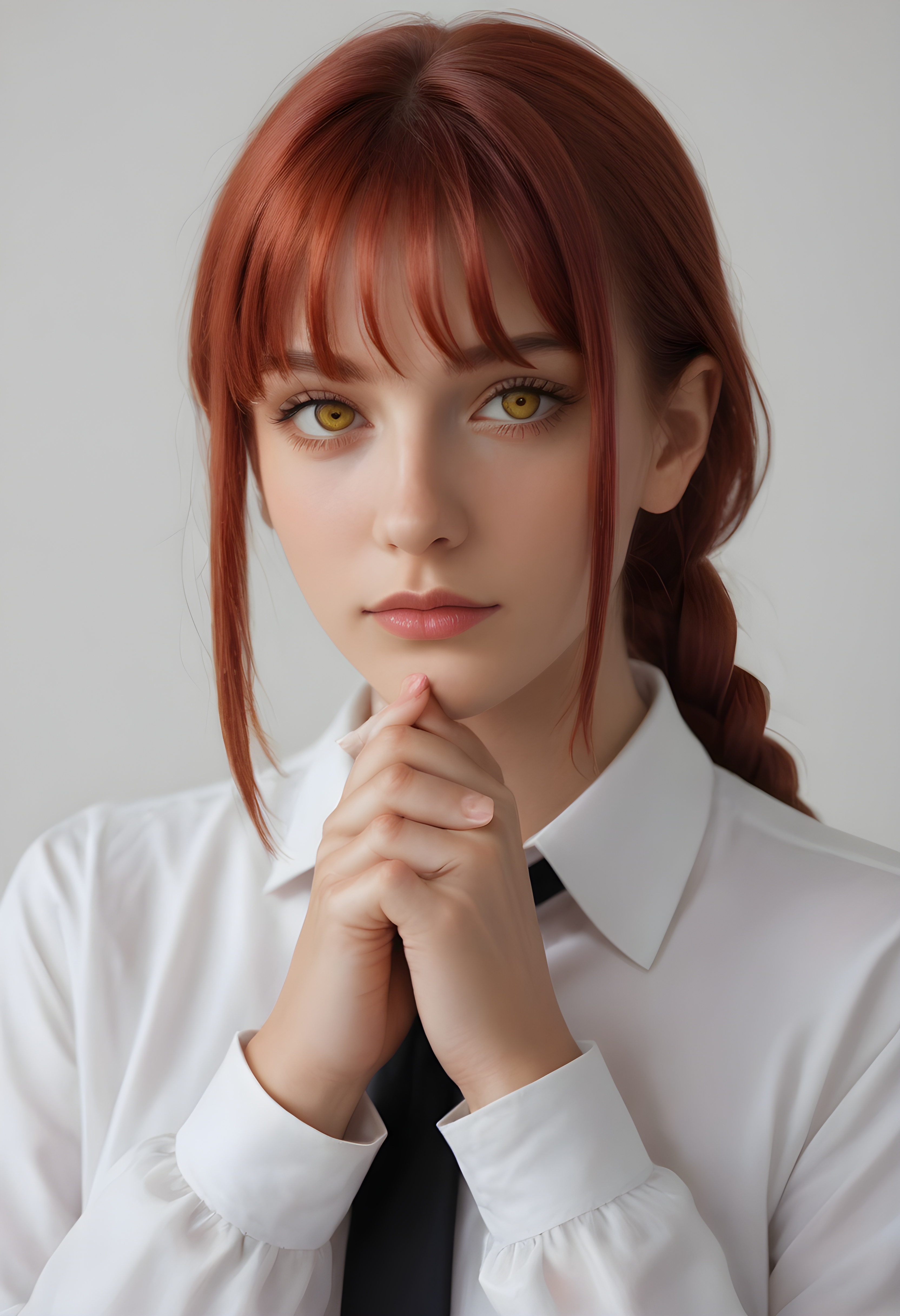 score_9, score_8_up, score_7_up, BREAK, The image shows a woman with long red hair wearing a white shirt and black tie, posing for a picture against a white background. realistic, makima \(chainsaw man\), 1girl, solo, long hair, looking at viewer, bangs, simple background, shirt, long sleeves, white background, closed mouth, yellow eyes, white shirt, upper body, braid, red hair, necktie, collared shirt, own hands together, black necktie, braided ponytail, ringed eyes,  photo, real hair, detailed skin, highly detailed, detailed skin, film grain, <lora:zy_AmateurStyle_v2:0.45>