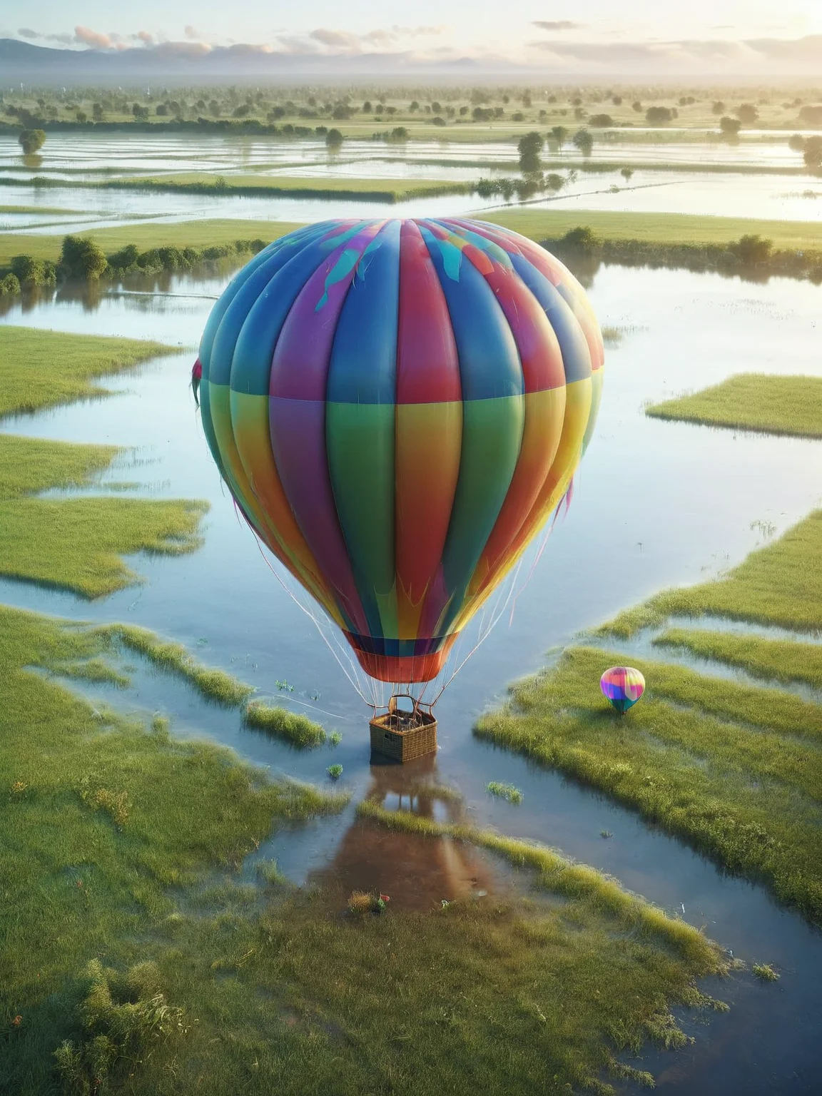 ais-fld a colorful hot air balloon grounded on a grassy plain <lora:Flooded_SDXL:1>