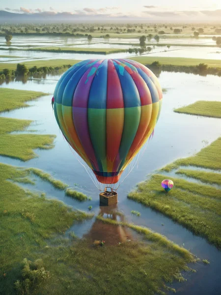 ais-fld a colorful hot air balloon grounded on a grassy plain <lora:Flooded_SDXL:1>