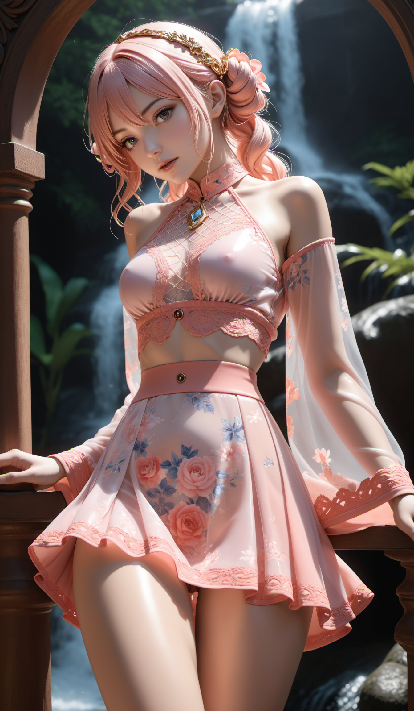 (Best quality,masterpiece,absurdres,ultra realistic:1.4),(Rococo:1.4),(close portrait:1.3),peerlessly beautiful idolmaster ,beautiful detailed eyes,(see-through_clothing),shine,glowing,sparkling,energy coalescing and vibrating,(dynamic angle,dynamic pose),Close-up photo,lie_down,shy ,sad,disdainful ,Around,sex,nsfw, topless, nude,
wearing kimono,(((miniskirt))),
(loose upper body clothing, halter neck, augmented reality mesh, nano fiber pattern, vinyl cutter (for vinyl art), Dolman Sleeves, Tea Length, high waist, Overdyed Wash,,lace trims,,cutout details, button closure,,Placement Print,keyhole back),(incandescent very slightly included (vs2) rhodochrosite, trilliant cut, girdle facets, 9.00 carat, sparkling,    silky, brass, robust, impact resistance, dyeing, t-bar setting, rare, exquisite, vintage, renaissance, artistic expression),(waterfalls, coral bleaching),(quinacridone gold radiant psionic),(cottages, insulated concrete forms,Concrete,vinyl siding, Bio-luminescent Algae,Lanterns with Real Flames, footlighting),
(Around floating swirling petals:1.4)the most beautiful form of chaos,
(stars:1.4),(herbs:1.4),