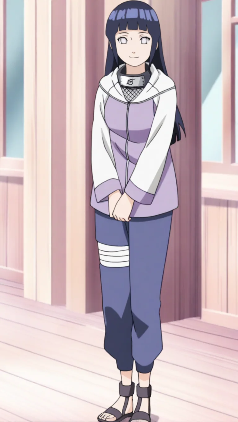 source_anime, masterpiece, best quality, amazing quality, anime screencap, high quality, 8k, absurdres, official style, 1girl, solo, looking at viewer, standing, hands together, smile, <lora:Hinata_Hyuga_Pre_iL:1>, h1n4t4 pre, white eyes, no pupils, blue hair, long hair, bangs, blunt bangs, shinobi outfit, long sleeves, hood, jacket, blue pants, pants, sandals, black sandals, forehead protector, konohagakure symbol, fishnets,