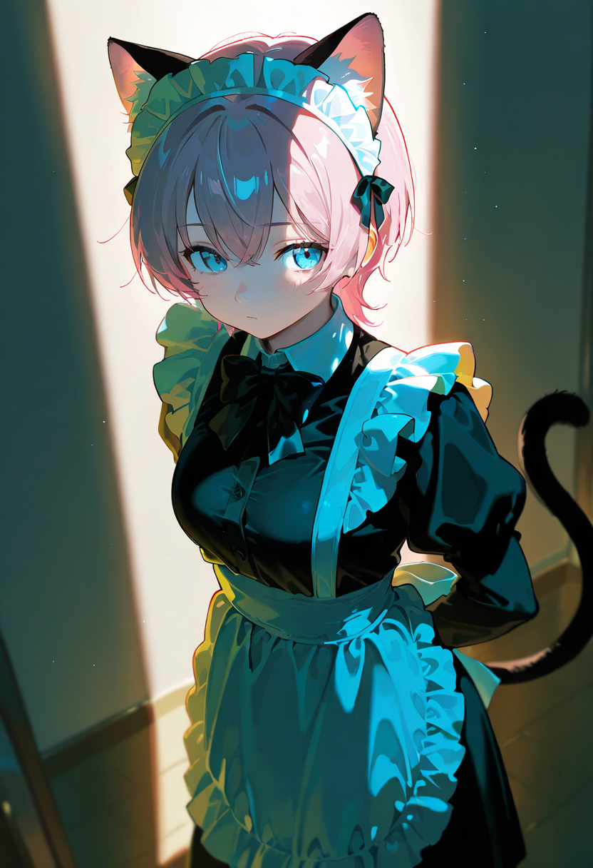gobo lighting, shadow, catgirl, ears, tail, maid_outfit, pink_hair, bowtie, looking_away