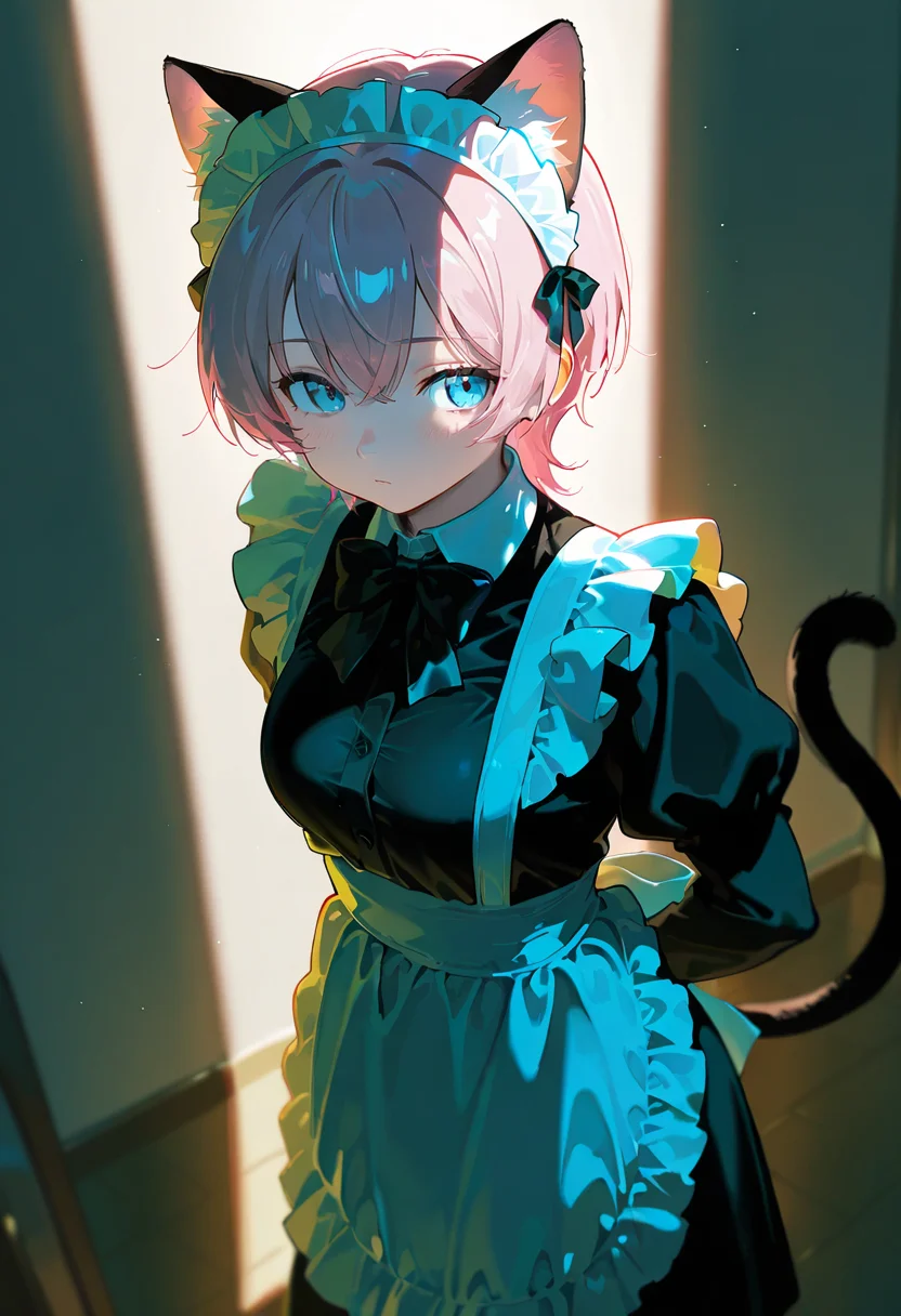 gobo lighting, shadow, catgirl, ears, tail, maid_outfit, pink_hair, bowtie, looking_away