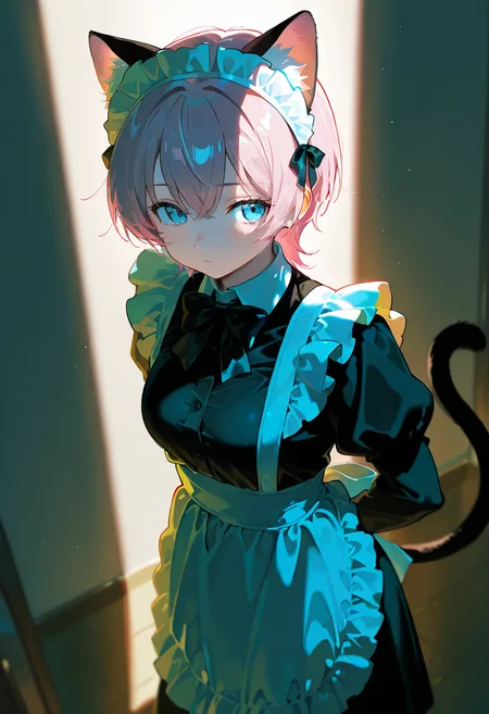 gobo lighting, shadow, catgirl, ears, tail, maid_outfit, pink_hair, bowtie, looking_away