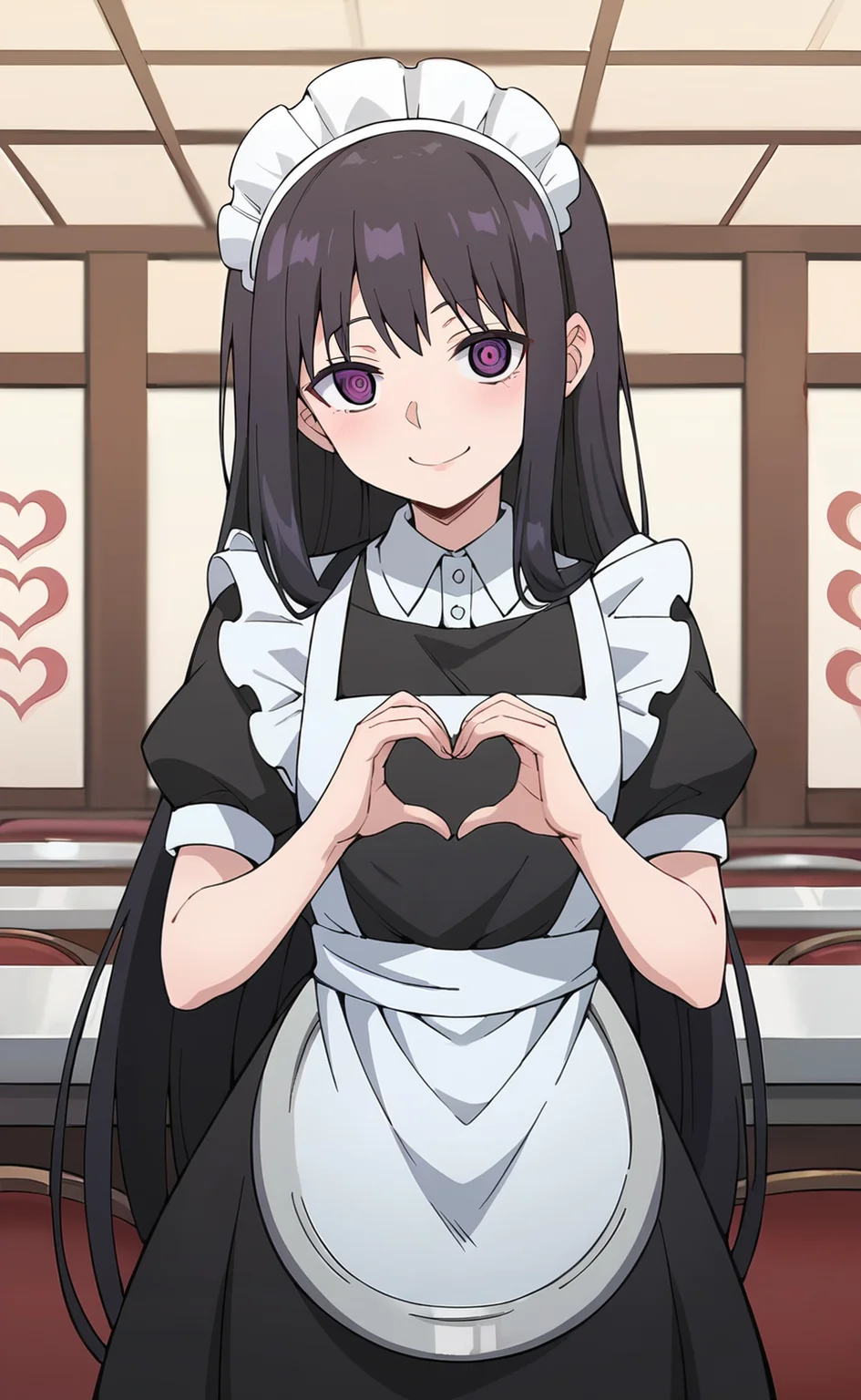 source_anime, zPDXL2, 1girl BREAK
<lora:oto_adashino:1>, oto_wz, very long hair, black hair, purple eyes, ringed eyes, maid, headdres, apron, short sleeves, maid apron, puffy sleeves, black dress, heart hands, hearts, standing, restaurant, moe moe kyun!, light smile
