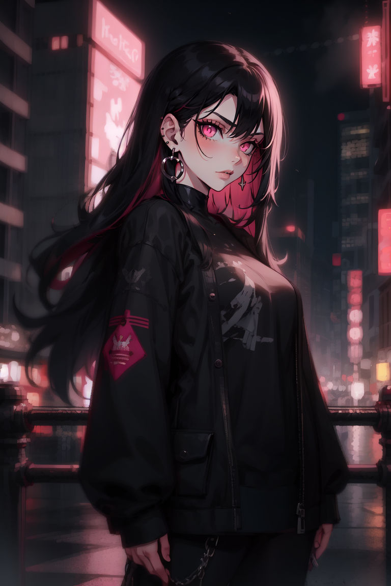 Goth girl 1girl, 1girl, solo, adult,  baggy clothing,black hair,black hair,(multi colored hair),long hair,wild hair,night city,black clothing, pink eyes, earrings  <lora:G_G2.0-000001:0.8>