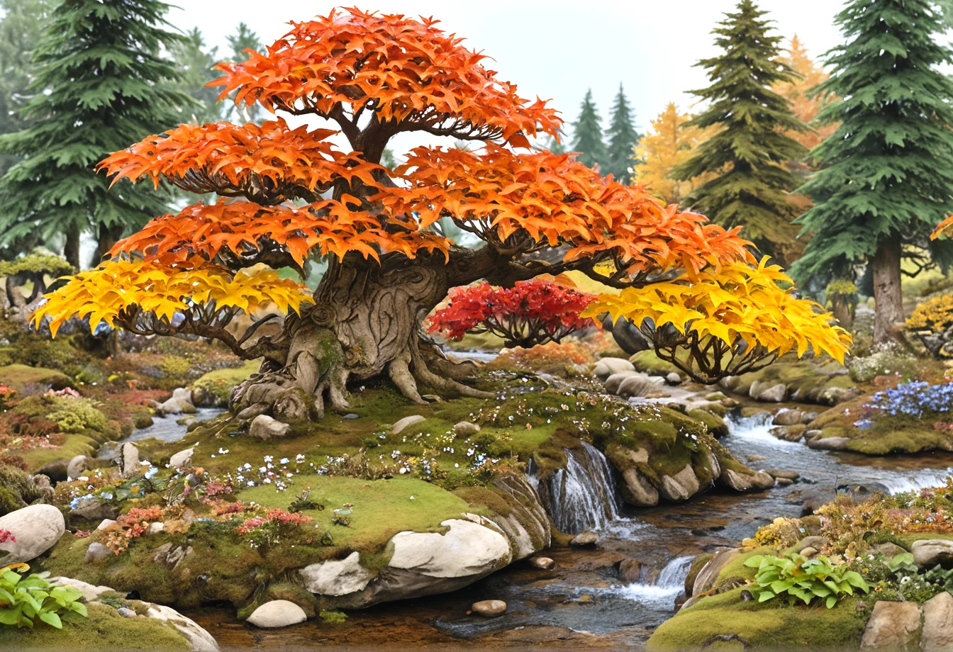 Masterpiece, raw photo, high quality, autumn, bonsai, tree, trees, grassy, moose, rocks, rock, grass, a sun-flooded fairytale forest full of mushrooms and colorful blossoming bonsai trees, a flowing stream in the middle of a small dreamy village, (watercolor:1.2), 8k, 16k, uhd, sharp lines, (lots of details:1.2), extremely detailed, absurdres, intricate detailed, cinematic scene, best quality, high detailed, ultra sharp, photorealistic, award winning,