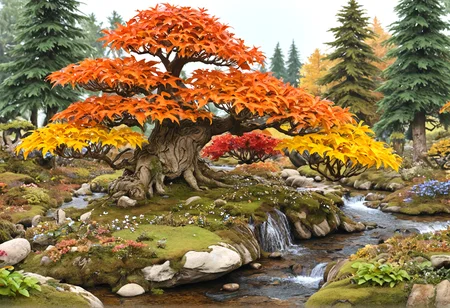 Masterpiece, raw photo, high quality, autumn, bonsai, tree, trees, grassy, moose, rocks, rock, grass, a sun-flooded fairytale forest full of mushrooms and colorful blossoming bonsai trees, a flowing stream in the middle of a small dreamy village, (watercolor:1.2), 8k, 16k, uhd, sharp lines, (lots of details:1.2), extremely detailed, absurdres, intricate detailed, cinematic scene, best quality, high detailed, ultra sharp, photorealistic, award winning,