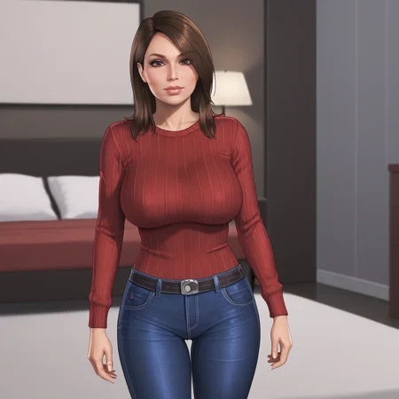 <lora:ashleymasseffect_pony_v1:.8> AshleyMassEffect, 1girl, brown hair,  long hair, brown eyes, large breasts,  lipstick,eyeshadow, cowboy shot, sweater, jeans