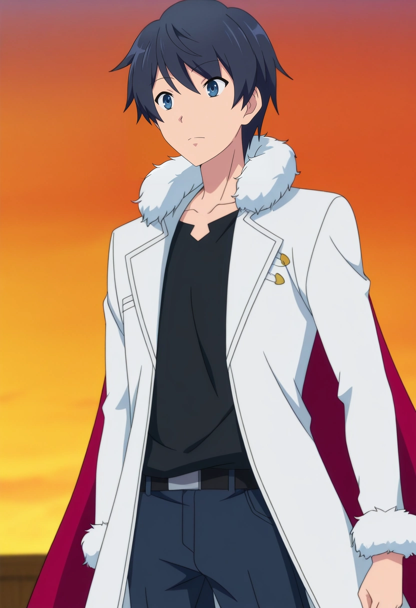 masterpiece, best quality, anime screencap, official style, anime coloring, cowboy shot, 1boy, solo, male focus, <lora:touya_mochizuki_ilxl:1>, touya_mochizuki, black hair, blue eyes, black shirt, white coat, fur trim, , Straight-leg chinos, Henley pocket T-shirt, Chelseas, , Cape