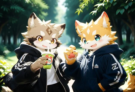 score_9, score_8_up, score_7_up, zPDXL3, ((((sdgs4by zuppu11)))), 2boys, duo, furry, cute, kemono, detailed background, park background, hand shake, rating_safe