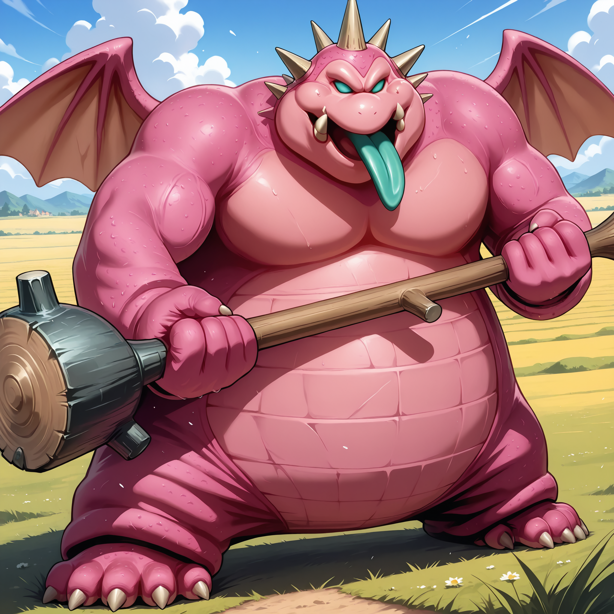 masterpiece,best quality,super detailed,extreme detailed,full_body,day,field,no humans BREAK nightclubber_(dq),holding hammer,horns,tongue out,wings,pink_skin,<lora:nightclubber_(dq)-IL:1>,fighting stance,shockwave,