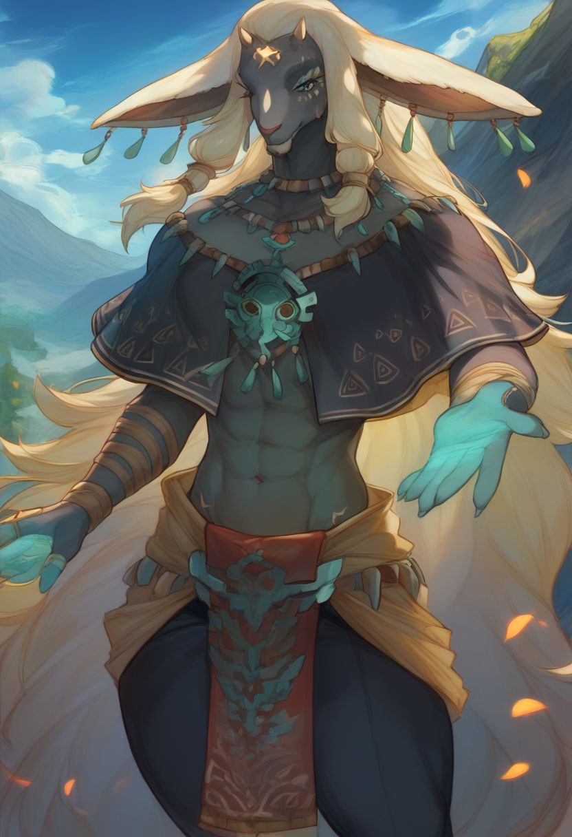 score_9, score_8_up, score_7_up, score_6_up, pin-up, csr style, (masterpiece, best quality:1.2), (perfect hands, perfect anatomy), (detailed face, detailed body)
BREAK
sexy male, gorgeous, sensual, anthro, male, rauru totk, glowing hand, male, muscular, big pectorals, voluptuous body, sexy man, solo, wide hips, huge bulge, sexy, thick thighs, muscular:1.2, beautiful, (detailed background, outdoors, mountain, star \(sky\), clothed, 
BREAK 
Sensual sexy pose,