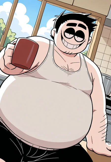detail background, male, 1boy, white skin, black hair, short hair, round face, black eyes, black eyelids, thick black eyebrows, fat, obese, big belly, white tank top, black shorts, BREAK close up, upper body, cozy atmosphere, cartoon style, holding mug, sitting, kitchen, on table, inside, insdoors, daytime, ((beckoning)), dutch angle, looking at viewer, grin, seductive, half eyes closed, sky, clouds