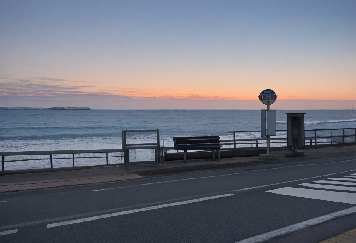 basutei, bus stop, no humans, scenery, ocean, road, outdoors, bench, street, sky, real world location, horizon, water, railing, building, sign, fence, day, shore, stairs, crosswalk, beach, sunset, sunlight, cinematic lighting, 
photorealistic, photo background, 
masterpiece, best quality, amazing quality, very aesthetic, absurdres, newest,
 <lora:sc_bustei_illustrious_V1L:0.8>
