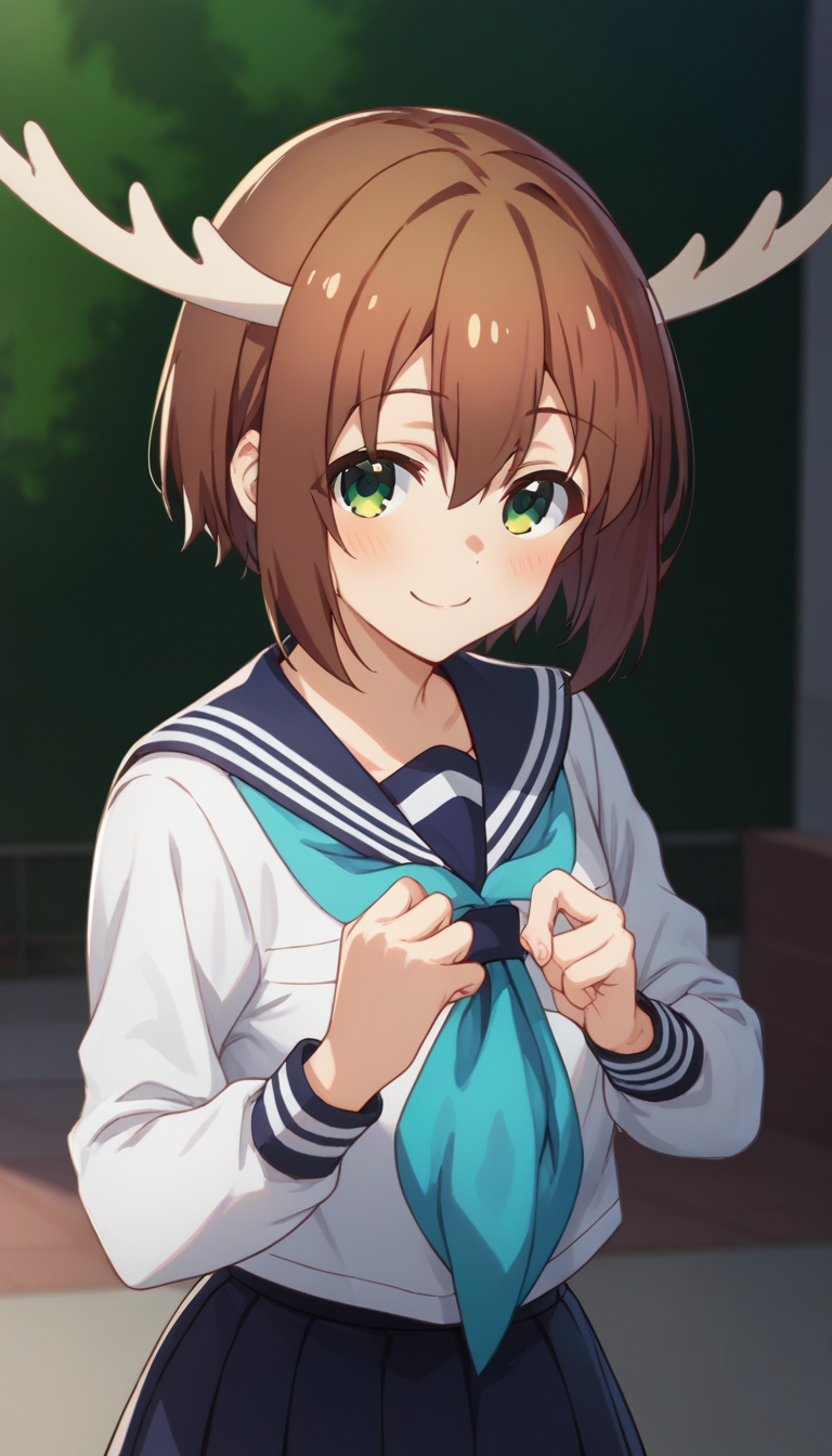score_9,score_8_up,score_7_up,score_6_up BREAK official art,solo,outdoors,upper body,(portrait:1.5),looking at viewer,facing viewer,smile,blush,Shikanoko Noko,horns,antlers,short hair,brown hair,hair between eyes,parted bangs,green eyes,school uniform,blue sailor collar,blue neckerchief,white shirt,long sleeves,blue skirt,pleated skirt,white socks,loafers,brown footwear,<lora:Shikanoko Noko(snk)-Pony:1.5>,