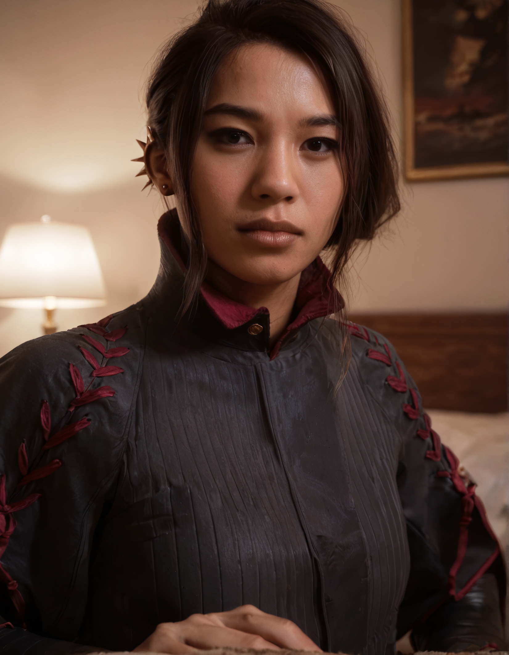 score_9, score_8_up, score_7_up,score_6_up,haymar,high resolution,3d,photo,realistic,asian,1girl,brown hair,hair bun,earrings,black jacket,long sleeves,boots, volumetric lighting,rim lighting,dramatic shadow,bedroom,close-up,dynamic pose,looking at viewer,pov,front view,hand on hips,laying down