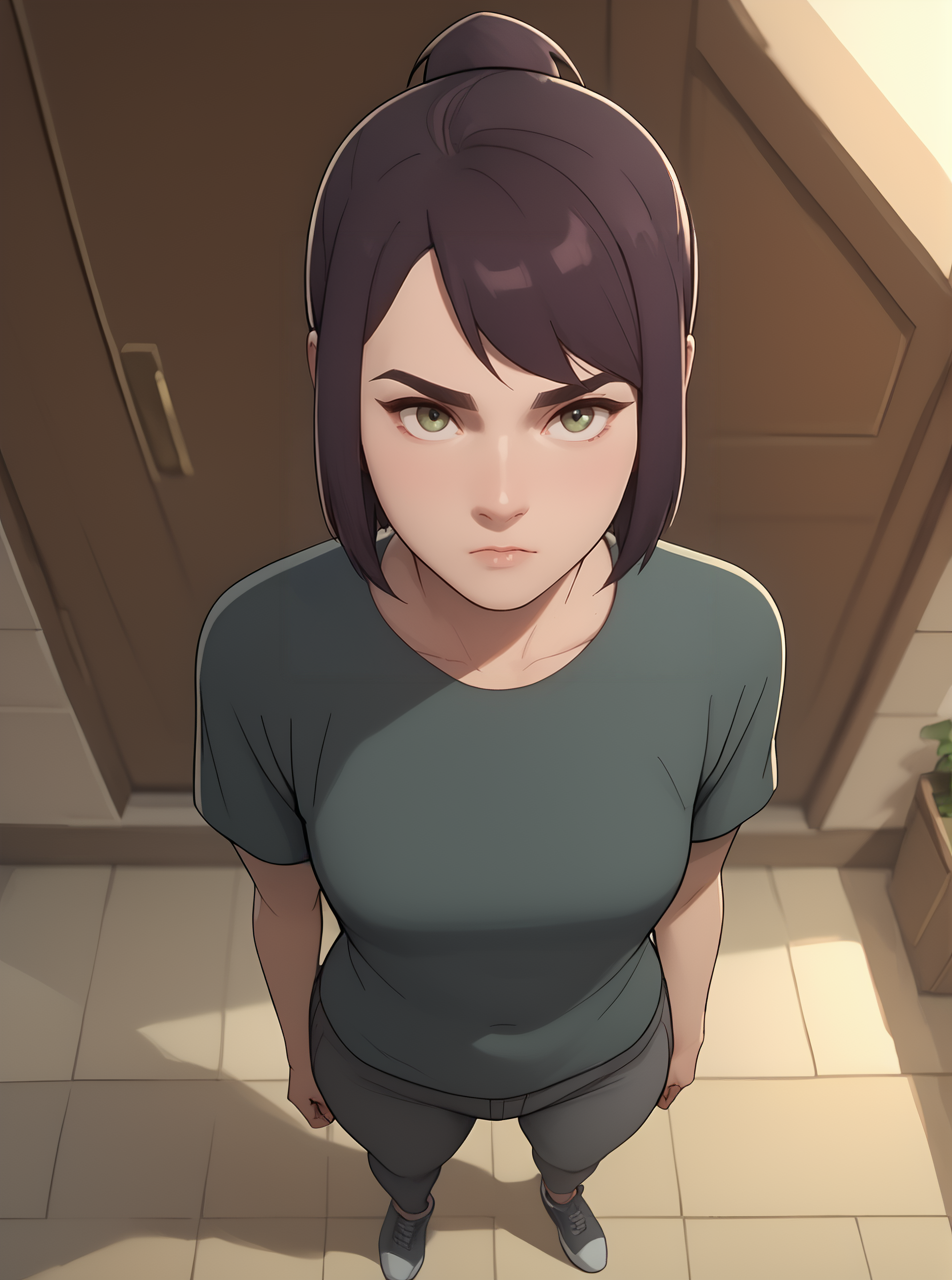 score_9, score_8_up, score_7_up, <lora:maddiekpxl:1>, maddiekpxl, 1girl, short ponytail, cartoon, western animation, looking at viewer, flat colors, outline, standing, full body, from above, brown, green t-shirt,grey undershirt