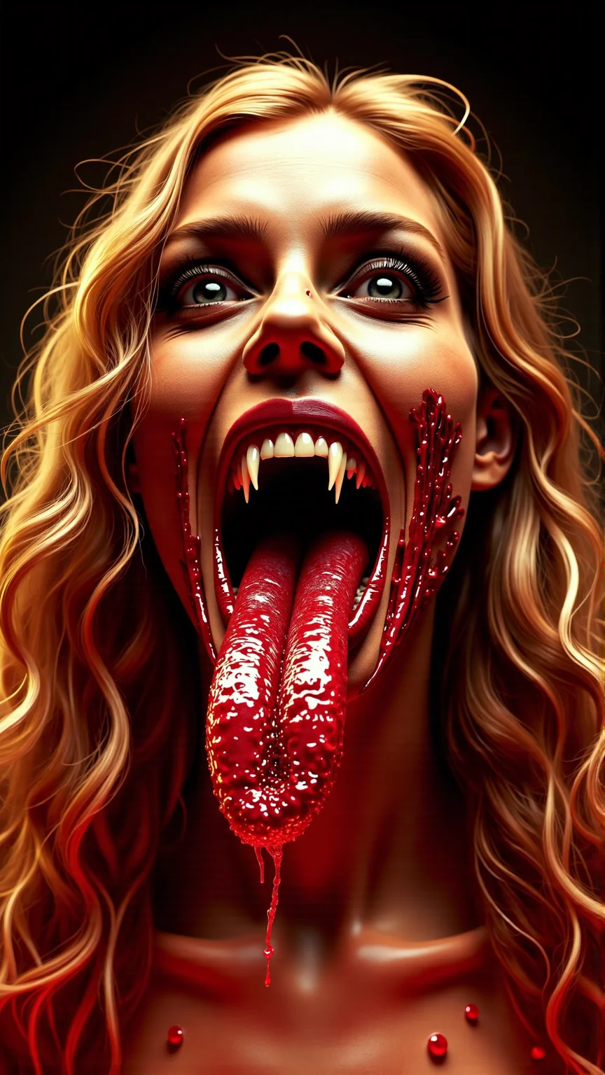 A realistic photo, dark style, atmospheric, of a CarnageStyle red bloody gore mouth Cherry, tongue macabre, NSFW<lora:DarkmosphericFlux:0.5>photography,centered subject,straight-on angle,full-body shot,golden hour,Warm color palette,sun rays,(high angle:1.4),shot on Hasselblad X1D II with Hasselblad XCD 65mm f-2.8 <lora:CarnageStyleFlux:1>