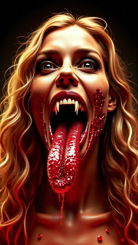 A realistic photo, dark style, atmospheric, of a CarnageStyle red bloody gore mouth Cherry, tongue macabre, NSFW<lora:DarkmosphericFlux:0.5>photography,centered subject,straight-on angle,full-body shot,golden hour,Warm color palette,sun rays,(high angle:1.4),shot on Hasselblad X1D II with Hasselblad XCD 65mm f-2.8 <lora:CarnageStyleFlux:1>