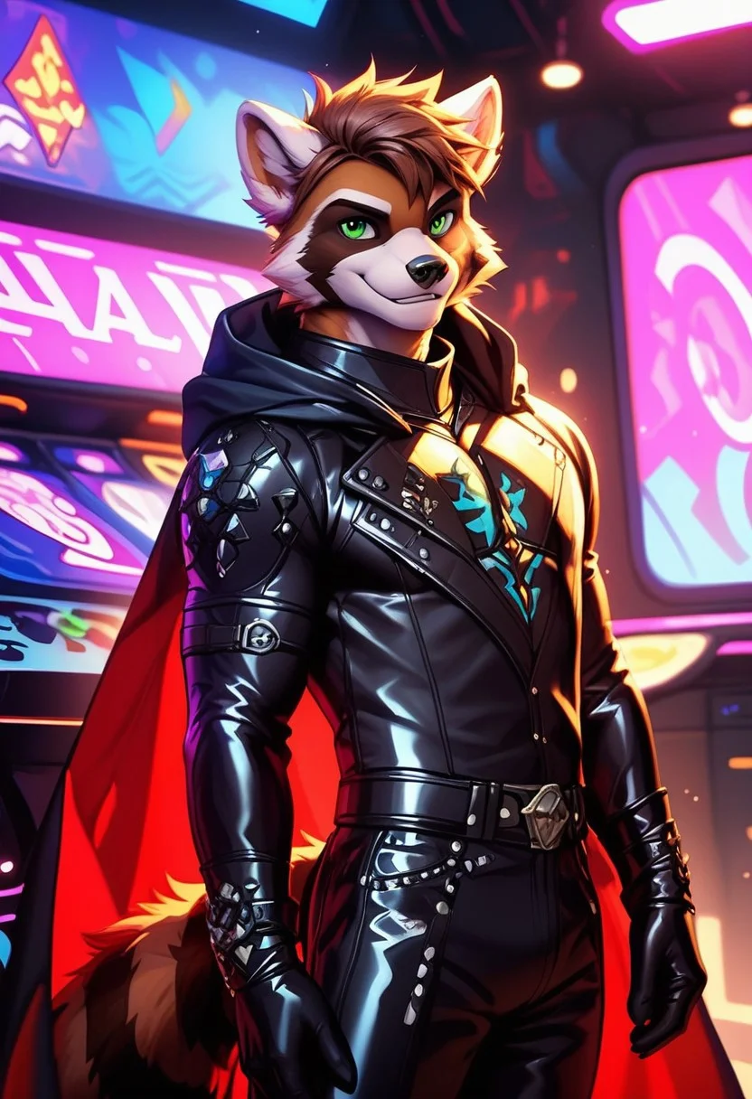 score_9, score_8_up, score_7_up,score_9, score_8_up, score_7_up, ((cowboy shot)), arcade, standing, BREAK, ((High fantasy art style)), solo, male, anthro raccoon, black hooded cloak, (black leather breastplate), black leather greaves, black leather pauldrons, black leather boots, brown hair, ((detailed green eyes)), ((Masterpiece), (absurdres), (shadowy), (mysterious), fake smile