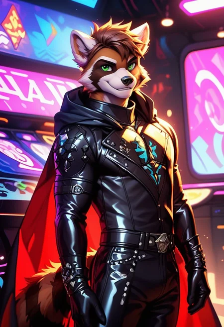 score_9, score_8_up, score_7_up,score_9, score_8_up, score_7_up, ((cowboy shot)), arcade, standing, BREAK, ((High fantasy art style)), solo, male, anthro raccoon, black hooded cloak, (black leather breastplate), black leather greaves, black leather pauldrons, black leather boots, brown hair, ((detailed green eyes)), ((Masterpiece), (absurdres), (shadowy), (mysterious), fake smile