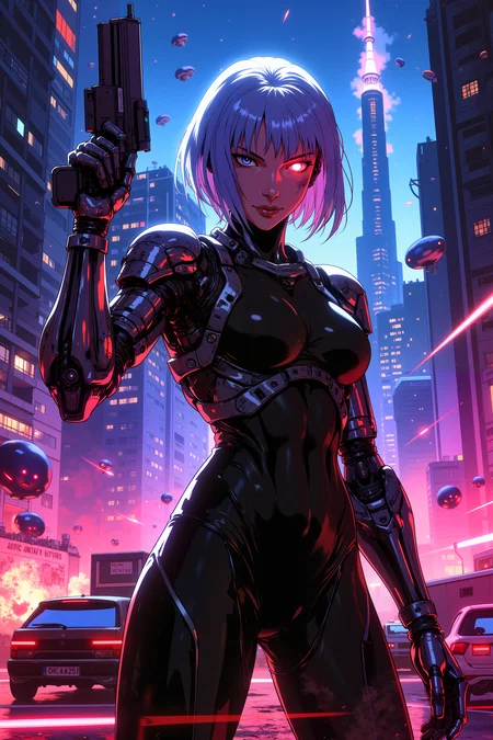 ne0nfant4sy, A cybernetic bounty hunter, her chrome-plated arm raised in defense, deflects a barrage of laser fire as her one organic eye narrows in focus. Her other eye, a glowing red lens, scans the battlefield with precision, the faint hum of her targeting systems filling the air. Her skin, a dark mocha, is crisscrossed with scars and embedded circuitry, while her short, silver hair stands out starkly against the neon city skyline behind her. She wears a sleek, black bodysuit that hugs her athletic frame, the faint blue glow of energy shields flickering across its surface. The urban sprawl surrounding her is alive with floating vehicles and towering holographic advertisements that pulse with vivid colors. Her metal fingers, dexterous and deadly, grip a plasma pistol that hums with deadly energy. Behind her, a skyscraper collapses in the distance, sending plumes of smoke and debris into the air. Her expression is calm but determined, a hardened warrior in the midst of chaotic destruction. Neon lights reflect off her metallic enhancements, casting an otherworldly glow around her.<lora:RetroAnimeFluxV1:0.5><lora:NeonFantasyFLUX:0.3>