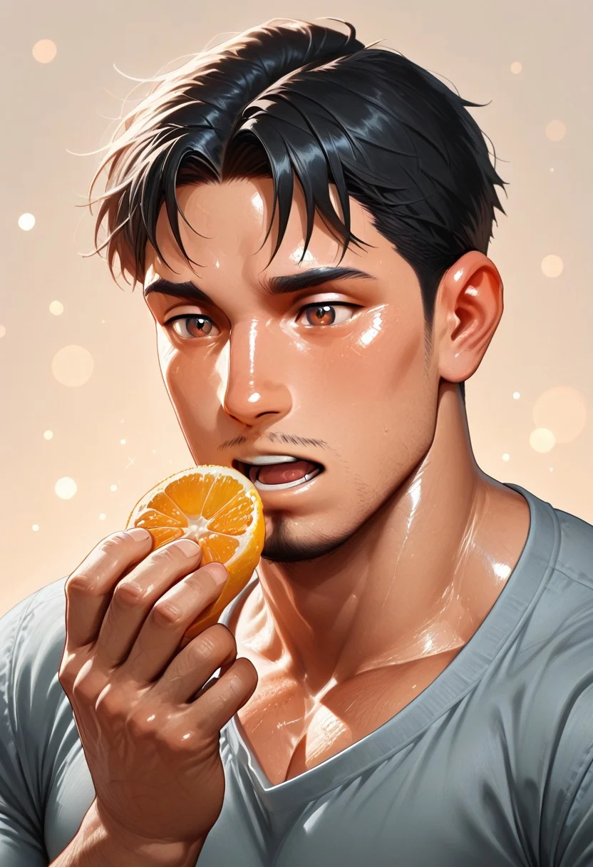 masterpiece, best quality, amazing quality, absurdres, newest, detailed background, definition so sharp, Ultra-HD, 8K cinematic, very awa, impressionate, amazing quality, highres, simple background, abstract,
solo, male focus, manly, shadow, shiny skin, pastel colors, soft coloring, bokeh,
orange peel, BREAK torithor, (1boy, bara, short hair, black hair, brown eyes, facial hair), extream close-up, casual clothes, excited, cheerfull, orange \(fruit\), <lora:Orange_Peel:0.8>