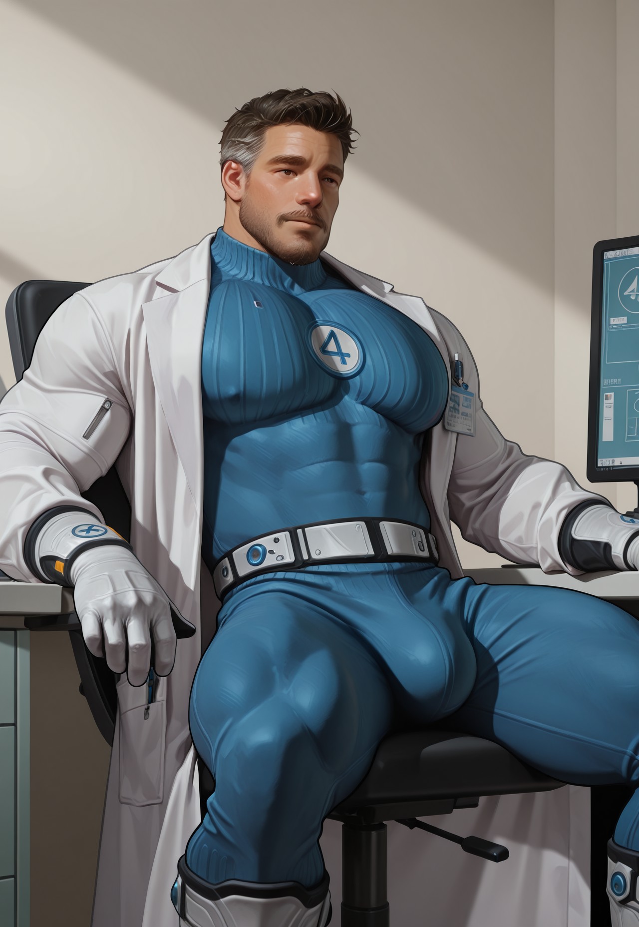 R33D, male, solo, Facial hair, white gloves, white belt, white boots, blue bodysuit, big pecs, large pecs, small waist, tight clothes, lab coat, sitting, on the computer


Simple background, simple lighting, cinematic, lab background 

Realistic, very awa, masterpiece, best quality, absurdres, newest, perfect quality, detailed background, intricate details, 