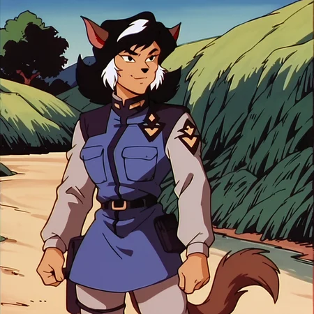 score_9, score_8_up, score_7_up, score_6_up, score_5_up, score_4_up, BREAK, <lora:Felina_Feral:1>, felinaferal, solo, smile, animal ears, closed mouth, white hair, dark skin, two-tone hair, brown fur, body fur, cat girl, cat ears, black hair, furry female, 1girl, outside, uniform, tail,