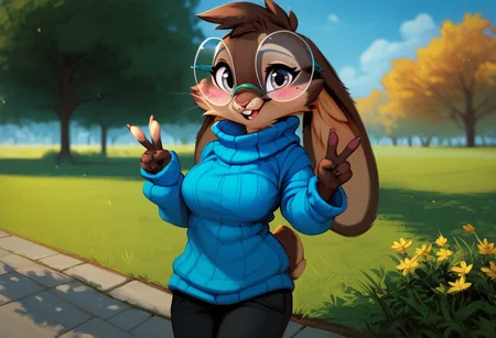 score_9, score_8_up, score_7_up, solo 1girl, solo, Expressiveh, (Kazie, 1girl, bunny girl, bunny ears, buckteeth, round glasses, tan body, tan fur, brown body, brown fur, two tone body, two tone fur, anthro, furry, blue sweater, black pants, clothed, grey eyes), cowboy shot, smile, blushing, peace sign, grass, park, afternoon, standing, female focus, looking at viewer, detailed background, 4k, masterpiece, best quality, highly detailed, realistic