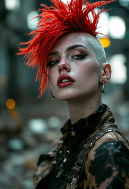 close-up portrait, punk girl, bright red mohawk, factory hall, skin pores, film grain, cinematic, hyper realistic, hyper-detailed, intricate details, street photoshoot, vivid colors