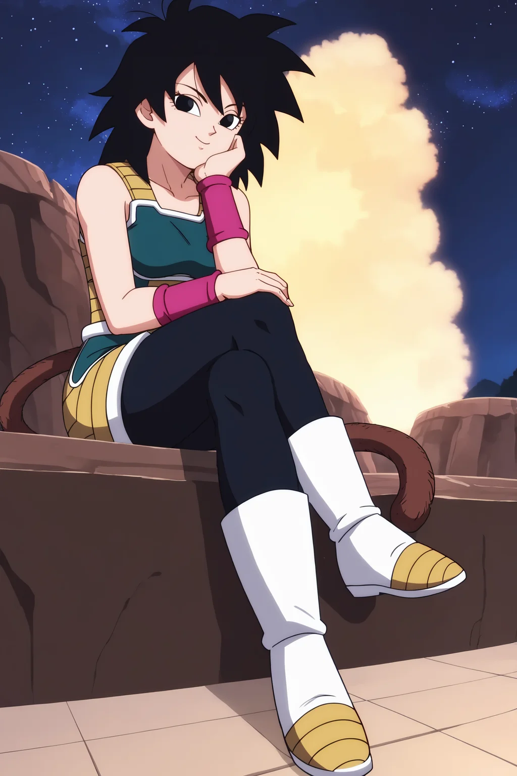 source_anime, score_9, score_8_up, score_7_up, anime screencap, absurd res,
gine, official style, black saiyan armor, black skirt, 1girl, solo, smile, black hair, sitting, full body, boots, two tone footwear, white footwear, pantyhose, white trim, sky, black eyes, night, pink wristband, star \(sky\), night sky, starry sky, head rest, monkey tail, saiyan armor, eyebrows, eyelashes, black legwear, hand on thigh
<lora:Gine_v1:0.8>