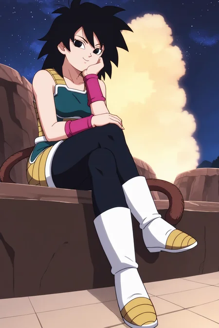source_anime, score_9, score_8_up, score_7_up, anime screencap, absurd res,
gine, official style, black saiyan armor, black skirt, 1girl, solo, smile, black hair, sitting, full body, boots, two tone footwear, white footwear, pantyhose, white trim, sky, black eyes, night, pink wristband, star \(sky\), night sky, starry sky, head rest, monkey tail, saiyan armor, eyebrows, eyelashes, black legwear, hand on thigh
 <lora:Gine_v1:0.8>