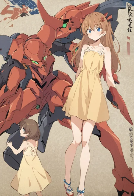 Masterpiece, best quality, Eva-02, mecha, neon genesis evangelion, science fiction, asuka langley soryu, long hair, bangs, blue eyes, brown hair, hair ornament, dress, yellow dress, sundress, collarbone, bare shoulders, ukiyo-e, mecha focus, robot, size difference,