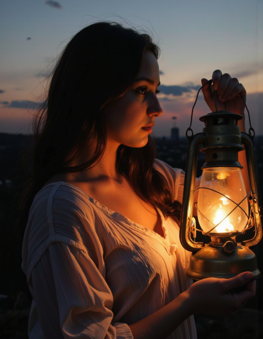 This is a photograph taken during twilight, capturing a serene, mystical moment. The scene features a young woman with a fair complexion and long, wavy brown hair, which cascades over her shoulders. She is holding a vintage lantern with a glowing, warm light that casts a soft, golden hue on her face and the surrounding environment. The lantern is old-fashioned, made of metal with a glass chimney, and she holds it with her right hand, slightly raised. <lora:Dark_side_of_light:0.55>