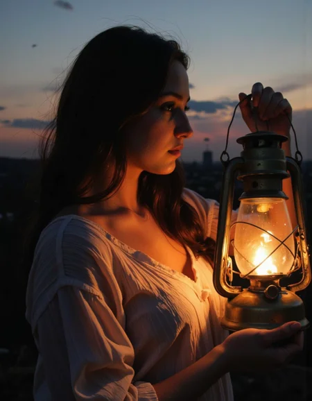 This is a photograph taken during twilight, capturing a serene, mystical moment. The scene features a young woman with a fair complexion and long, wavy brown hair, which cascades over her shoulders. She is holding a vintage lantern with a glowing, warm light that casts a soft, golden hue on her face and the surrounding environment. The lantern is old-fashioned, made of metal with a glass chimney, and she holds it with her right hand, slightly raised. <lora:Dark_side_of_light:0.55>