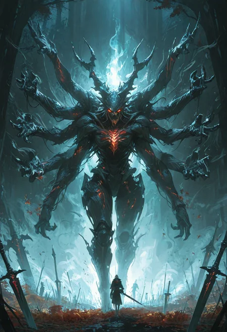 scifi, fantasy, masterpiece, best quality, great composition, four arms, many limbs, assymetry, assymetrical arms, bigger arm holding enormously big broken runic blade enchatned with the souls of the damned, The Revenant is a spectral, humanoid creature that appears ghostly and otherworldly. Its form hovers above the ground, giving it an ethereal and unsettling presence. The body is semi-transparent, with sharp, jagged features that make it look both menacing and unnatural. Its face is obscured, often appearing as a shadowy void or with glowing eyes that pierce through the darkness.
The Revenant’s arms are elongated and end in claw-like appendages, giving it a sinister, predatory look. Its lower body fades into a swirling mist, emphasizing its incorporeal nature. It moves fluidly, as though gliding effortlessly, and its presence is often accompanied by an eerie glow or shimmering aura.
When attacking, the Revenant strikes swiftly and leaves an otherworldly impression, making it feel like an unstoppable force. Its spectral design and unnerving movement make it a haunting and unforgettable entity.