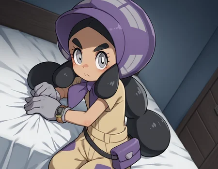 score_9, score_8_up, score_7_up, source_anime,
pokemonhapu, <lora:pokemon-hapu-ponyxl-lora-nochekaiser:1>,
hapu, long hair, black hair, twintails, dark skin, dark-skinned female, grey eyes, thick eyebrows, bright pupils, white pupils,
gloves, short sleeves, belt, black belt, purple headwear, bonnet, grey gloves, jumpsuit,
indoors, bed, bed room, on side, blush, drunk,
looking at viewer, solo, cowboy shot, dutch angle,