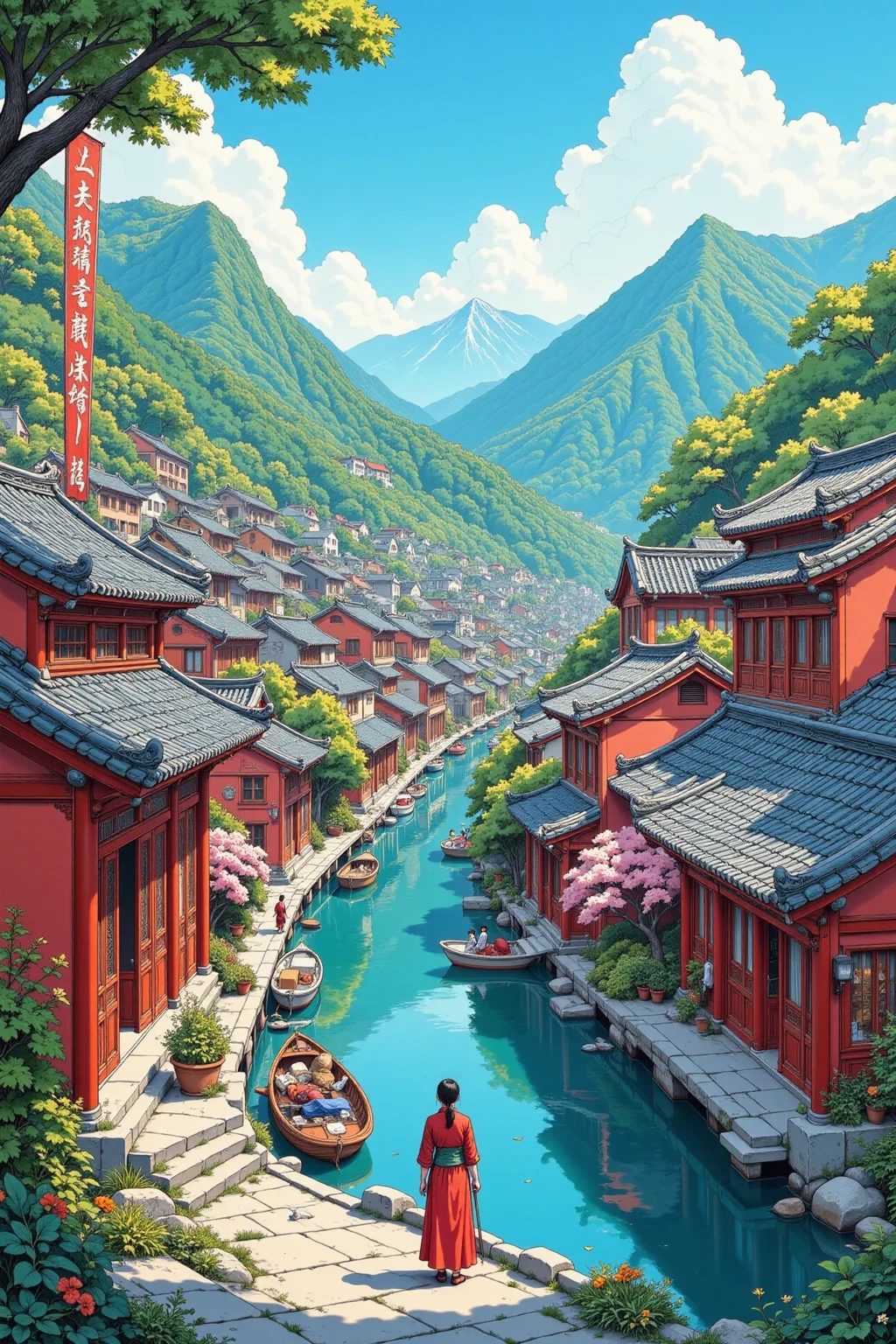 chinese town beautiful anime landscape, noon, woman, very intricate, very detailed, sharp, bright, colorful, <lora:Hand v2:0.5> <lora:Anti-Blur:1><lora:Insane Detail Slider:0.25> <lora:flux.1_lora_flyway_Epic-detail_v2:0.3> <lora:fluxenhancer:0.25> <lora:ROWER:0.6> <lora:Surreal Anime - 3k steps:0.6>
