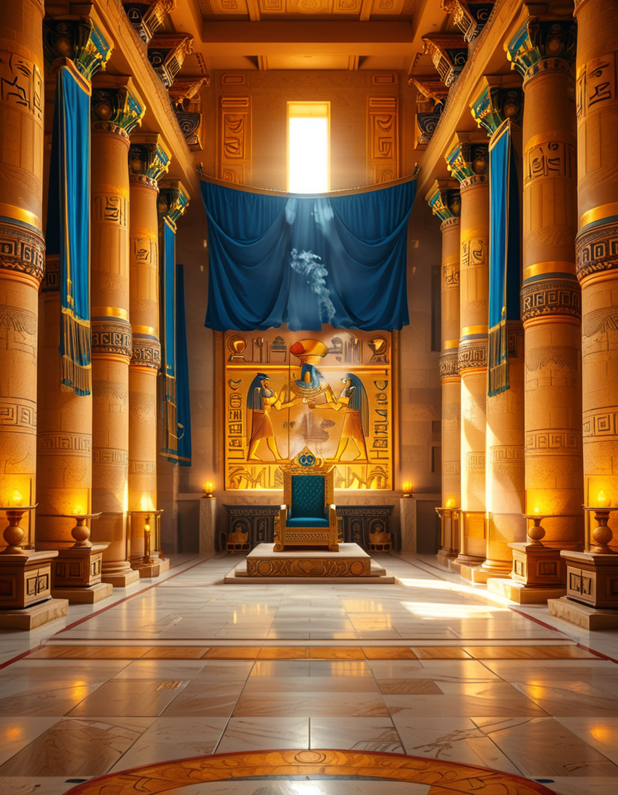 A grand and majestic ancient Egyptian throne room, illuminated by the warm glow of oil lamps and torches mounted on the intricately carved sandstone walls. The room is vast, with towering columns adorned with gold-inlaid hieroglyphs and bas-reliefs depicting gods such as Ra, Osiris, and Anubis, as well as scenes of royal ceremonies and offerings. The walls are covered with colorful frescoes, painted in deep shades of blue, red, and gold, telling the stories of ancient pharaohs and their divine rule.
At the center of the hall, an ornate golden throne rests atop a raised stone platform, accessible by a few steps. The throne is adorned with intricate carvings of winged sun disks, sacred cobras, and falcon motifs, symbolizing power and divine protection. The seat and backrest are encrusted with lapis lazuli, turquoise, and carnelian, creating a striking contrast against the polished gold. Two large stone statues of sphinxes flank the throne, their watchful eyes seeming to guard the empty seat of power.
The polished limestone floor reflects the flickering golden light of the torches, creating an almost mystical atmosphere. Large braziers shaped like lotus flowers release thin trails of fragrant incense smoke, adding to the sacred and mysterious ambiance of the room.
In the background, massive stone doors, partially open, reveal a glimpse of an open courtyard with palm trees and a distant view of the Nile River under a twilight sky. Through the high ceilings, small openings allow beams of moonlight to filter in, casting soft silver highlights across the chamber, blending with the warm tones of the torchlight.
The atmosphere is one of silence, mystery, and timeless majesty, as if the room has been left untouched for centuries, awaiting the return of a forgotten ruler.
<lora:SDXLFaeTastic2400:0.4> <lora:extremely_detailed:0.4> extremely detailed, <lora:ancient_Egyptian_thr0n3_r00m:1>,ancient Egyptian thr0n3 r00m, Masterpiece,best quality,hi res,8k,hi res,8k,award winning,(sharp focus, intricate, highly detailed),