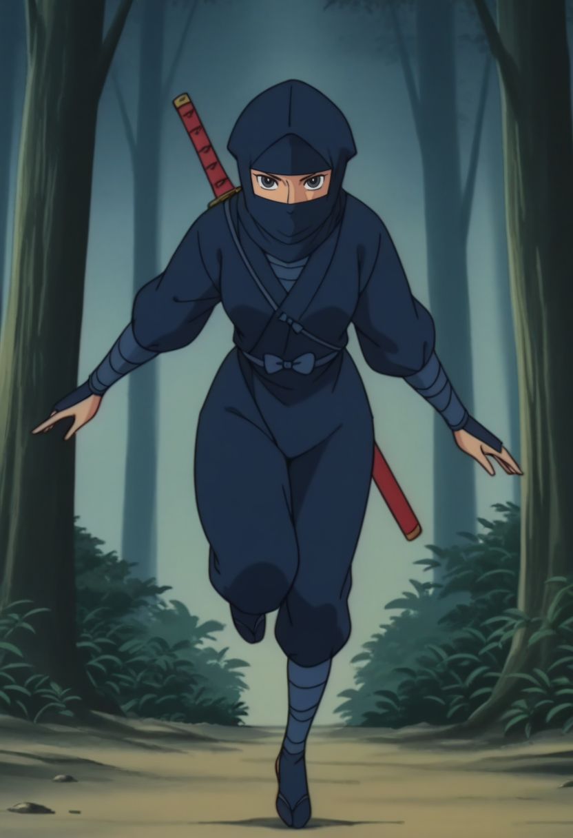 masterpiece, best quality, anime screencap, anime coloring, female focus, full body, solo, forest, ninja jump, 
1girl, looking at viewer, expressionless, 
<lora:0na:1>, 0na, black eyes,masked, hood up, covered mouth, (ninja clothes:1.2), single katana, 1960s \(style\), retro artstyle,
