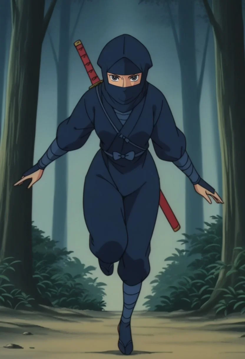 masterpiece, best quality, anime screencap, anime coloring, female focus, full body, solo, forest, ninja jump,
1girl, looking at viewer, expressionless,
<lora:0na:1>, 0na, black eyes,masked, hood up, covered mouth, (ninja clothes:1.2), single katana, 1960s \(style\), retro artstyle,