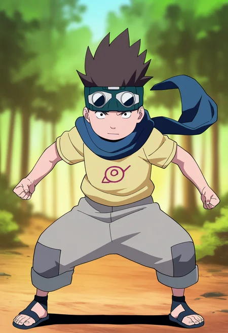 best quality, amazing quality, very aesthetic, absurdres,
1boy, konohamaru, spiked hair, black eyes, brown hair,
scarf, goggles on head, yellow shirt, grey pants, sandals, short sleeves,
konohagakure symbol, 
fighting stance, full body, looking at viewer, solo, standing, outdoors, forest,    <lora:KonohamaruNoobXL_byKonan:1>